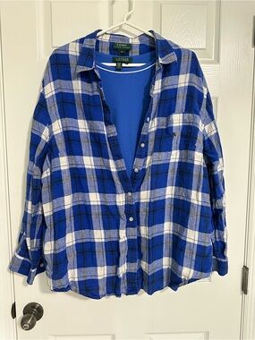 Lauren Ralph Lauren Blue & White Plaid Button-Down Shirt With Coordinating Tee.